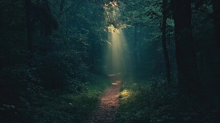 Obraz premium A dark forest with a narrow path illuminated by a single beam of light -