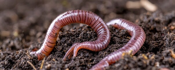 Fototapeta premium Close up of earthworms crawling in soil, concept of decomposition, soil health, and organic gardening