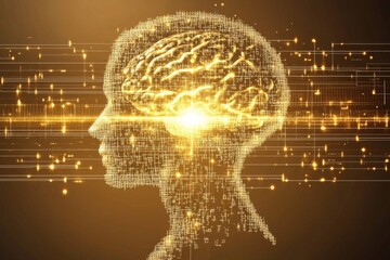 Golden brain glowing with energy representing the brilliance of human cognition and the powerful potential of thought processes in the realm of ideas