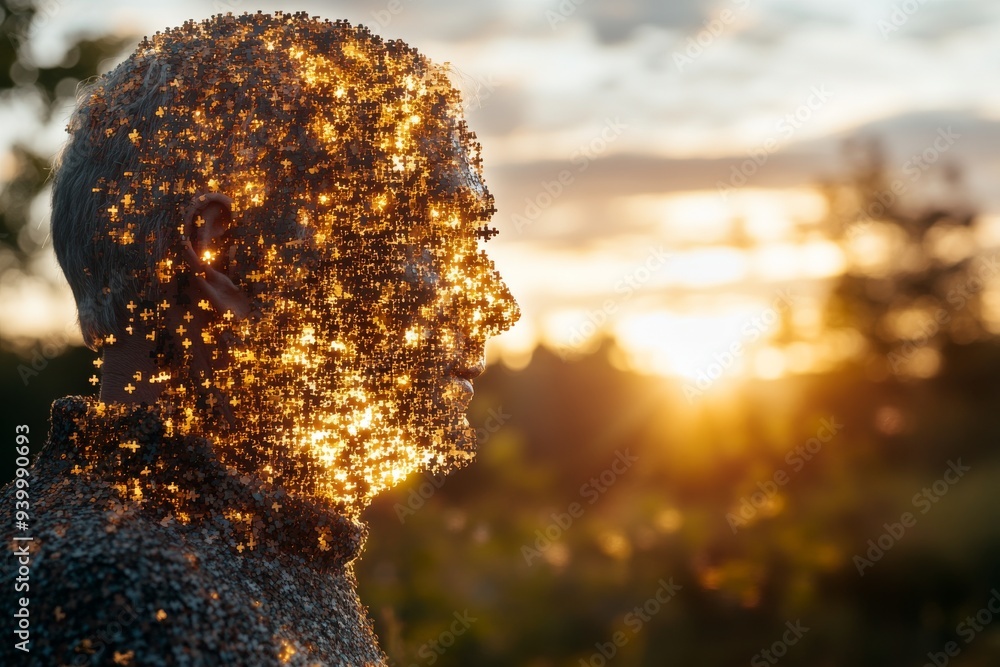 Poster silhouette of a human figure made of sparkling particles in a sunset setting representing the mergin