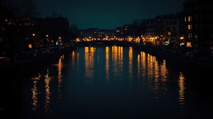 Fototapeta premium A dark river with reflections of city lights shimmering on the water, creating a tranquil scene -