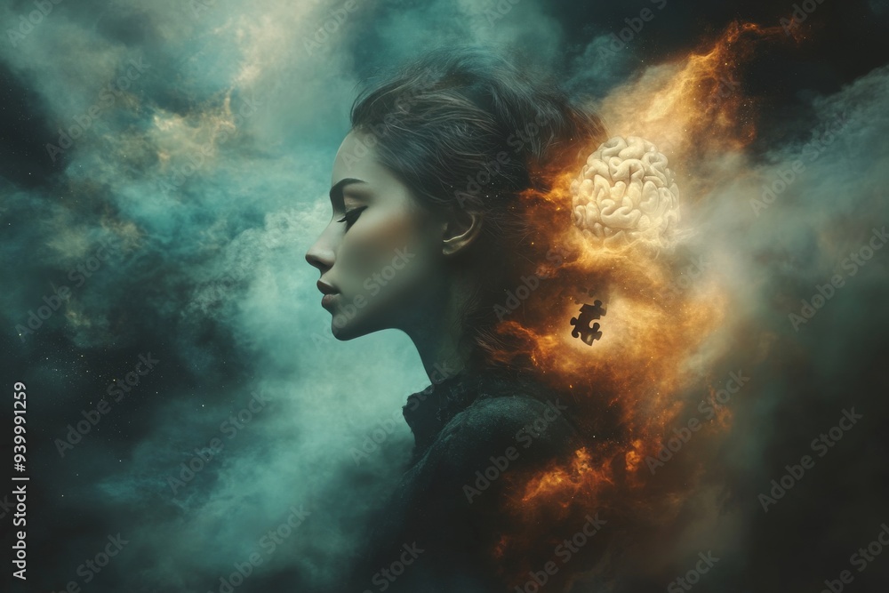 Poster surreal digital art of a woman with an exploding head symbolizing intense creative energy and the po