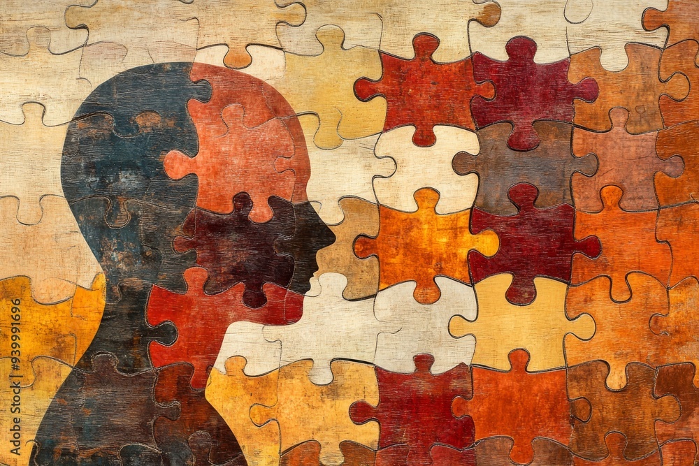 Poster silhouette of a head filled with colorful puzzle pieces symbolizing the multifaceted nature of human