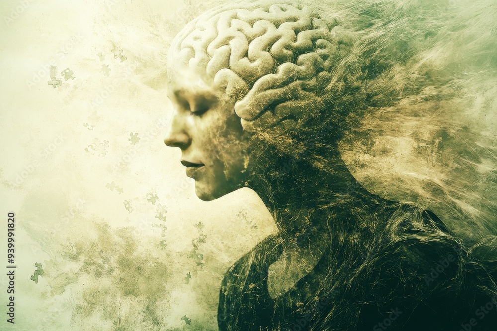 Poster surreal digital art of a figure with a brain like organic design symbolizing the intertwining of nat
