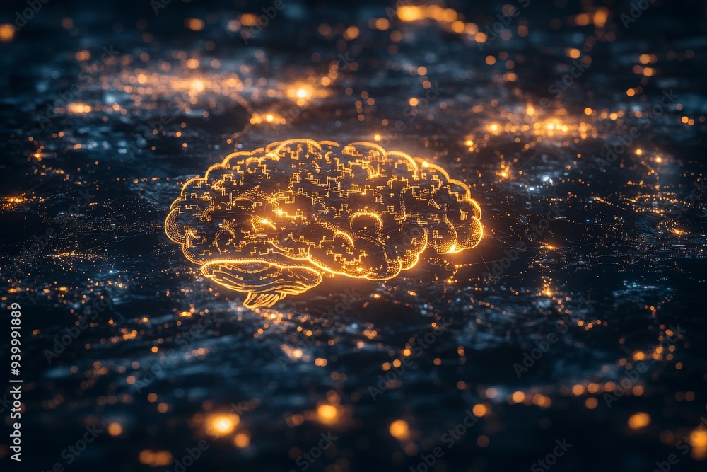Poster digital illustration of a glowing brain amidst a network of shining particles symbolizing the brilli