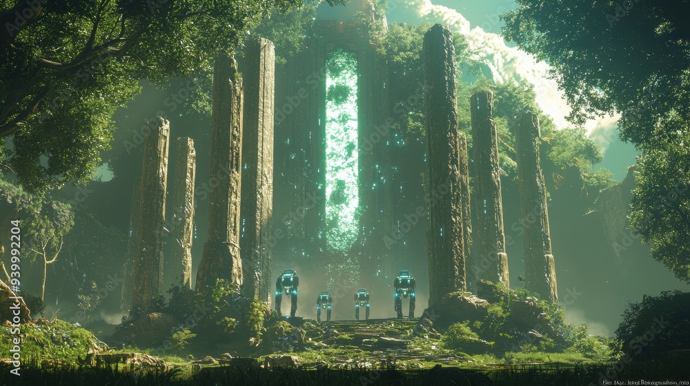 Poster futuristic robots in a mystical forest with glowing portal