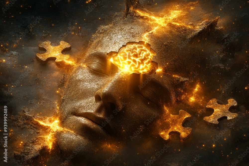 Canvas Prints Surreal digital art of a human face with puzzle pieces floating in a fiery background symbolizing the complexity of human cognition and the burning quest for self understanding