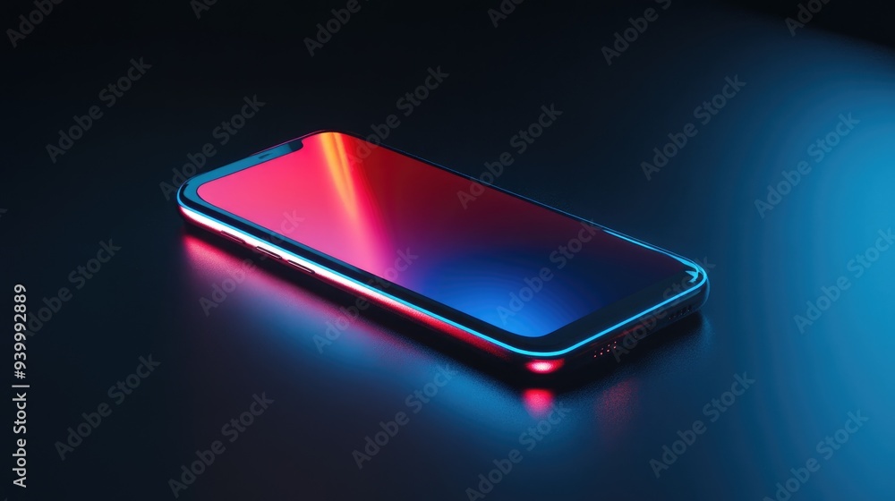 Poster a high-tech smartphone with glowing edges, floating against a dark background