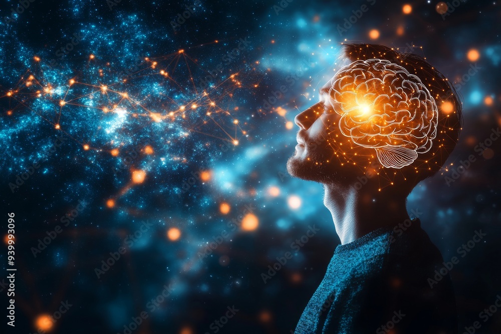 Aufkleber silhouette of a woman with a glowing brain connected to a network of bright particles symbolizing th