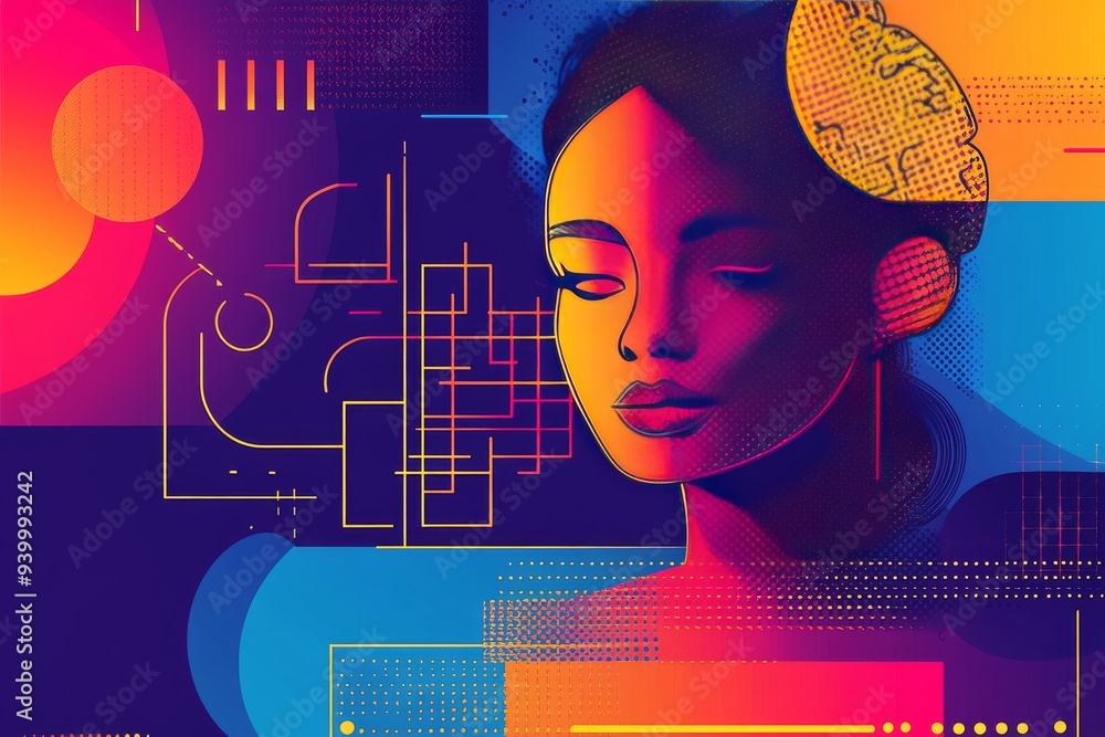 Poster colorful abstract digital art of a womans profile with geometric shapes and a brain symbolizing the 