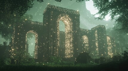 Enchanted Ruins with Glowing Lights at Night