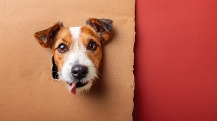 Funny dog licks his nose. Jack Russell Terrier head sticking out through color cardboard background. Copy space, ai