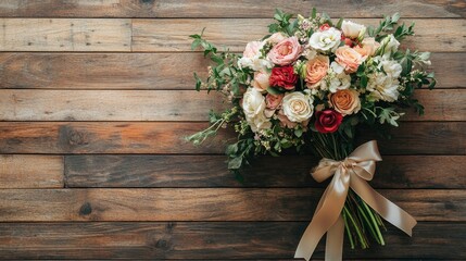 A top view of a bouquet of fresh flowers tied with a ribbon, resting on a wooden floor