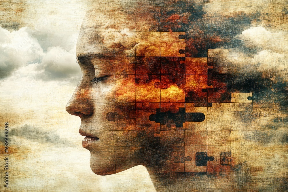 Poster digital art of a human head dissolving into fragmented pieces symbolizing the disintegration of iden