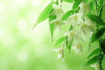White blossoms adorned with droplets rest among lush green foliage in a serene, softly lit environment. Generative AI