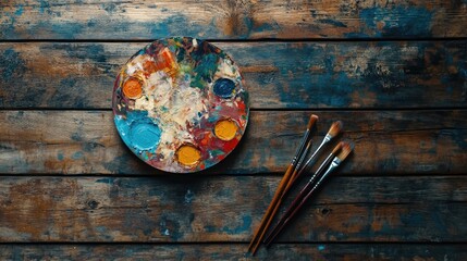 A top view of an artist's paint palette and brushes on a wooden floor, ready for creativity