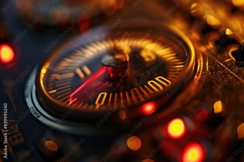 Poster close-up shot of a clock face with glowing red lights, suitable for time-related concepts or alarm s