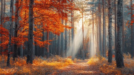 Obraz premium Autumn forest with vibrant orange, red, and yellow leaves, sunlight filtering through the trees, peaceful and serene