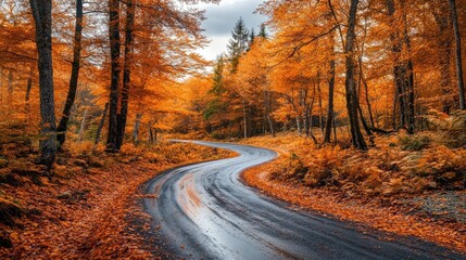 Fototapeta premium Autumn landscape with a winding road through a forest of vibrant orange and yellow leaves, peaceful and scenic countryside