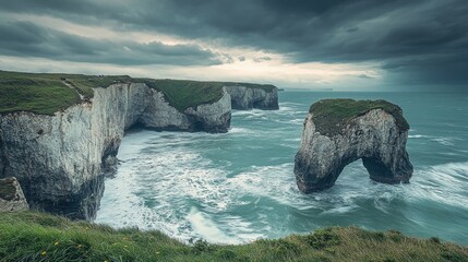 Dramatic coastal landscape with rugged cliffs and crashing waves, powerful and awe-inspiring ocean...