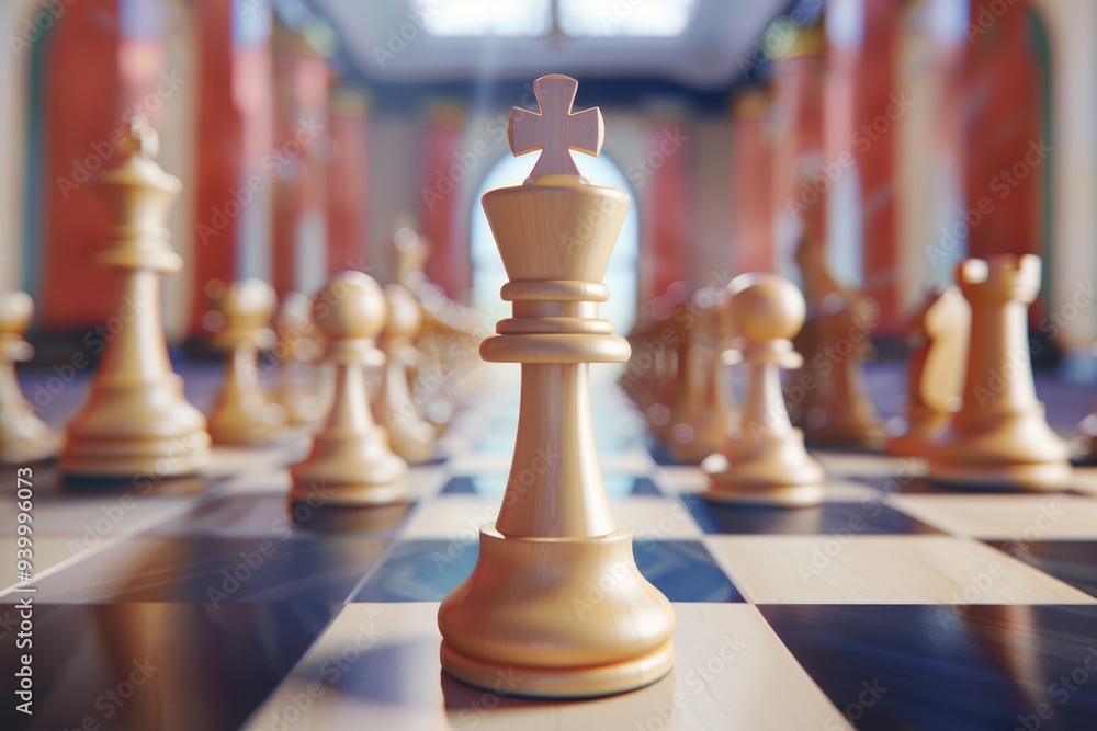 Poster a detailed view of a chess game in progress, featuring various pieces arranged strategically