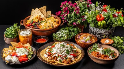 Fototapeta premium Delicious Mexican Food with Tacos Nachos and Chili