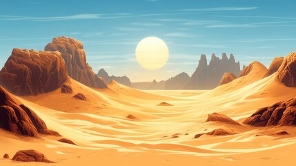 Naklejka premium Golden desert landscape with tall sand dunes and distant rocky outcrops, vast and endless horizon under a hot sun