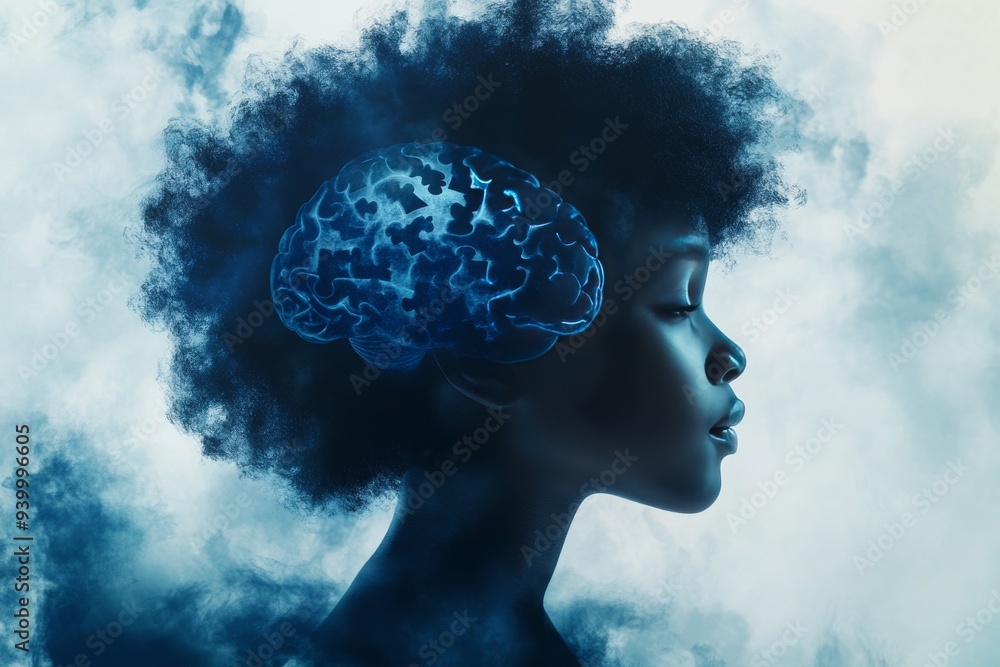 Canvas Prints Surreal digital portrait of a woman with a glowing brain and fragmented pieces symbolizing the power of thought and the complexity of identity