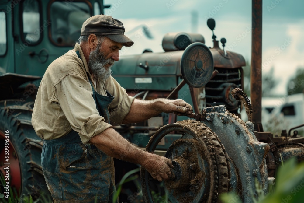 Poster a person working on a tractor in an open field, with crops growing in the background