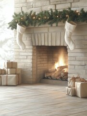 A snug fireplace decorated with stockings and gifts, radiating warmth and holiday spirit on a chilly winter evening.