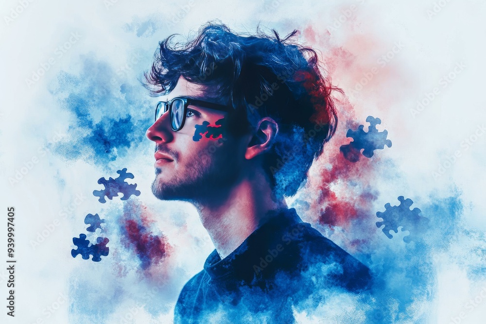 Poster surreal digital portrait of a man with puzzle pieces forming his head symbolizing the complexity of 