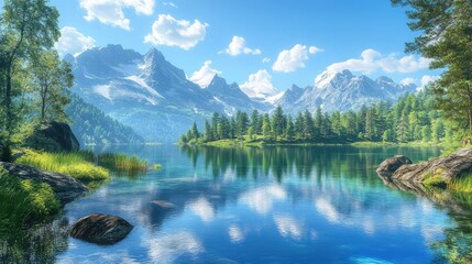Fototapeta premium Mountain lake with crystal-clear water reflecting the surrounding peaks, tranquil and serene alpine landscape under a clear blue sky -