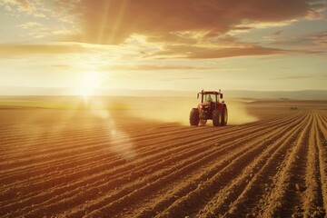 Fototapeta premium A tractor working in a field at sunset