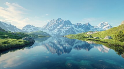 Mountain lake with crystal-clear water reflecting the surrounding peaks, tranquil and serene alpine landscape under a clear sky