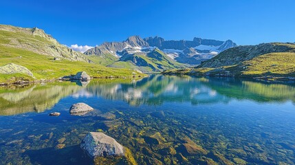 Fototapeta premium Mountain lake with crystal-clear water reflecting the surrounding peaks, tranquil and serene alpine landscape under a clear sky