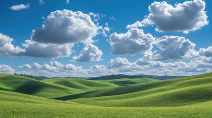 Fototapeta premium Rolling green hills under a bright blue sky with fluffy white clouds, lush and vibrant countryside landscape