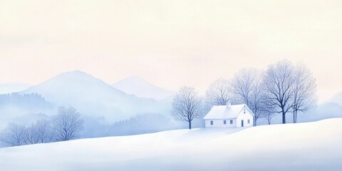 A picturesque snowy village illuminated by soft watercolor hues transforms winter into a fairy tale.