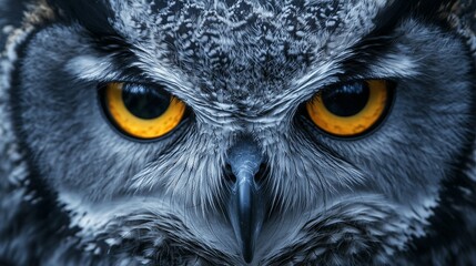 Naklejka premium The owl gazes intensely with its vibrant yellow eyes, highlighting its keen focus and natural beauty in a twilight setting, emphasizing its stunning features against the evening light.