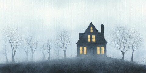 A watercolor haunted house with glowing windows sparks curiosity and evokes a sense of longing for...