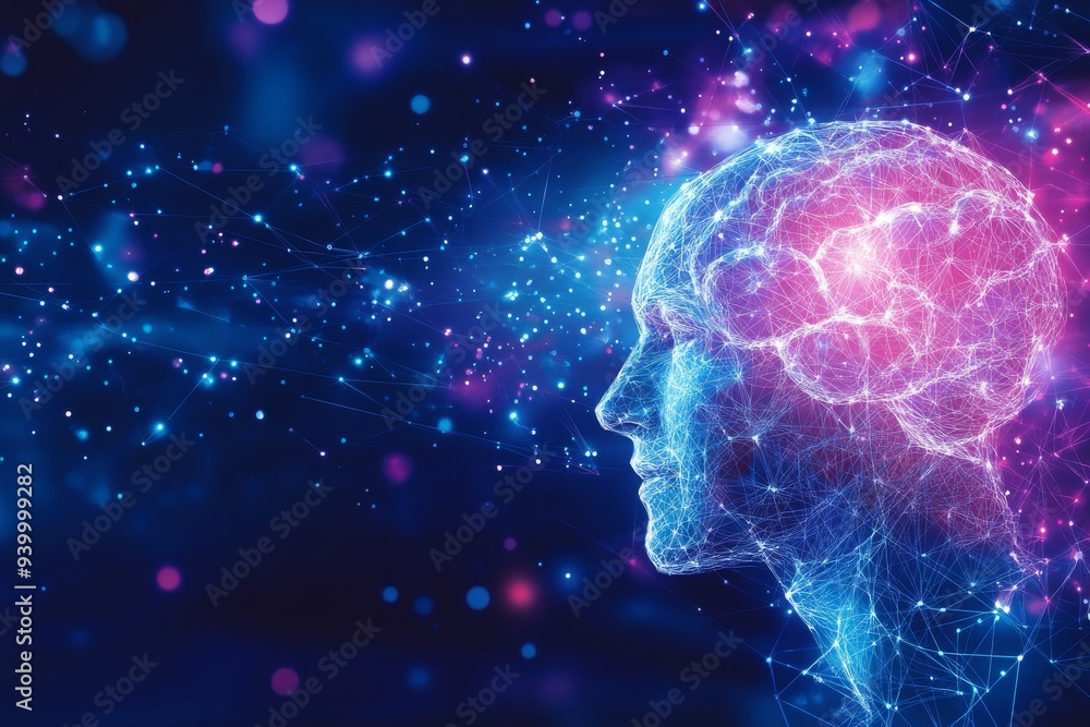 Poster abstract digital art of a human profile with a glowing brain symbolizing the power of connectivity a