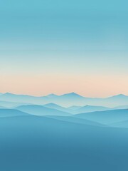 Obraz premium Gradient blue and light pink vertical background with nature landscape, mountains in the fog, rising sun and blue sky, abstract wallpaper, template 