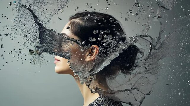 Woman's profile disintegrates into floating particles. Gradual dissolution of thoughts and memories visualized through surreal fragmentation. 