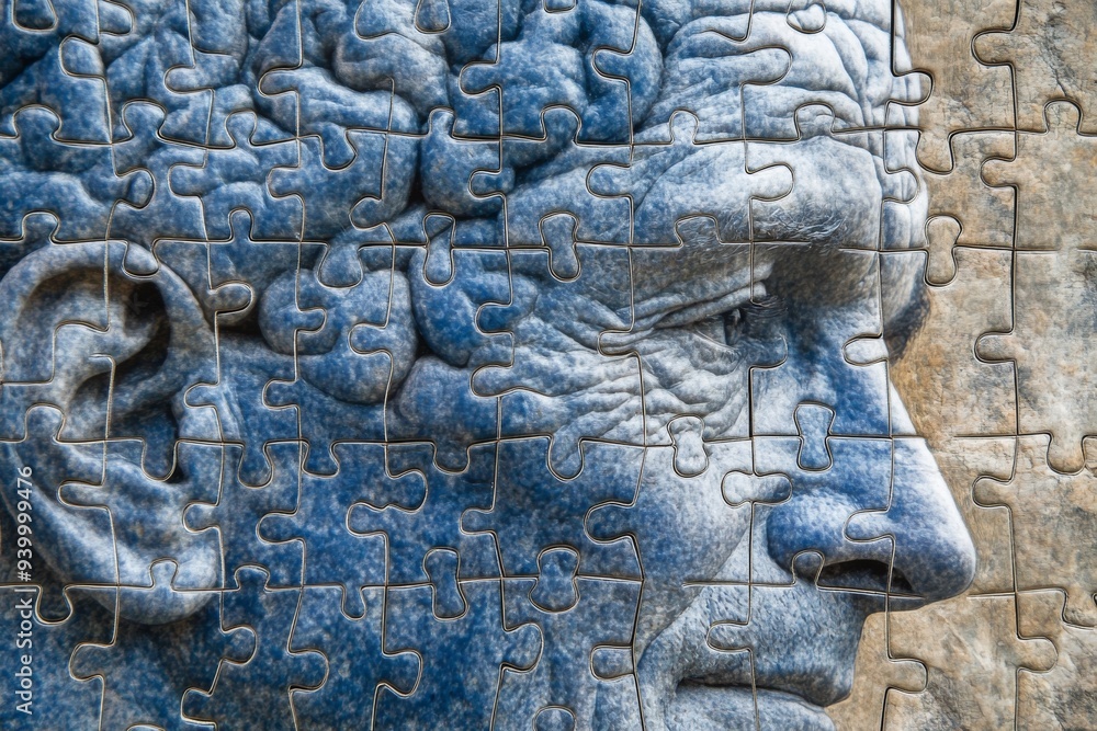 Poster digital art of a stone sculpture with puzzle pieces forming the face symbolizing the complexity of i