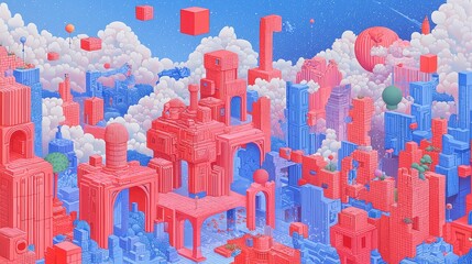 Abstract Cityscape with Geometric Buildings  Red and Blue  Clouds  Stars