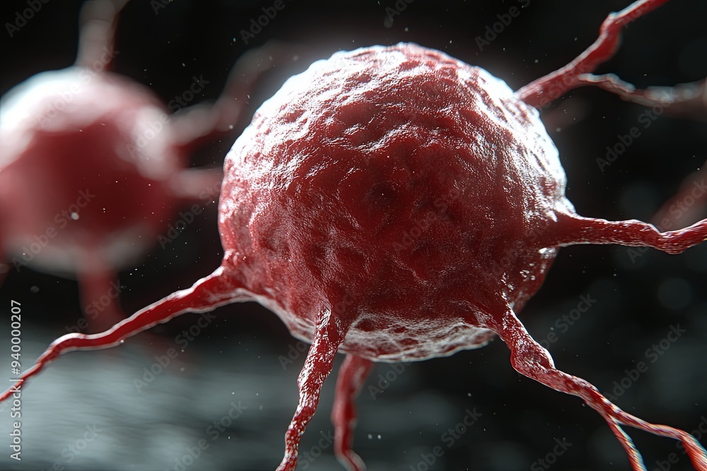Poster a detailed representation of a cancer cell showcasing its unique shape and texture under microscopic