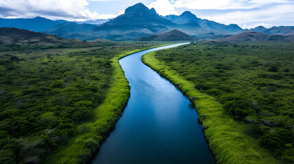 Obraz premium Aerial View Mountain With River Running