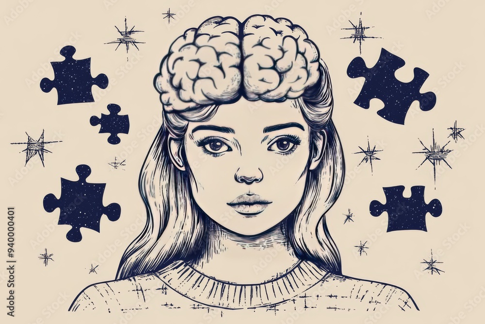 Poster minimalistic line art of a woman with a brain and floating puzzle pieces symbolizing the complexity 