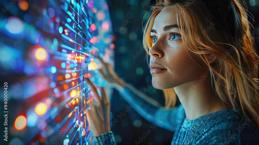 Poster close-up of a woman looking at a futuristic digital interface with glowing graphics and data on a bl