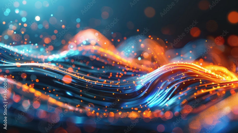 Wall mural Abstract digital wave with blue and orange lights