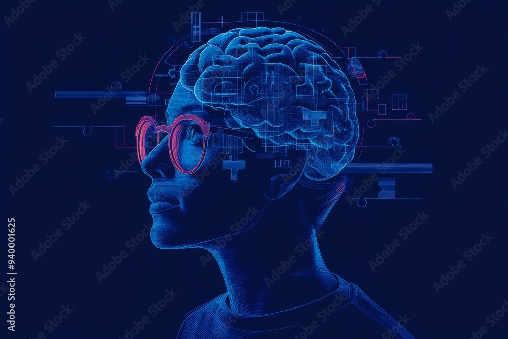 Poster futuristic digital portrait of a person with glasses and a glowing brain symbolizing the intersectio
